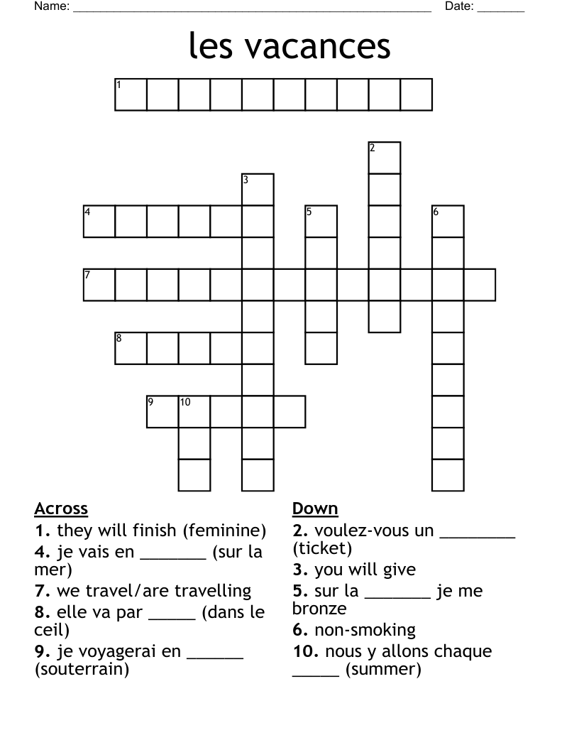 les vacances  Crossword