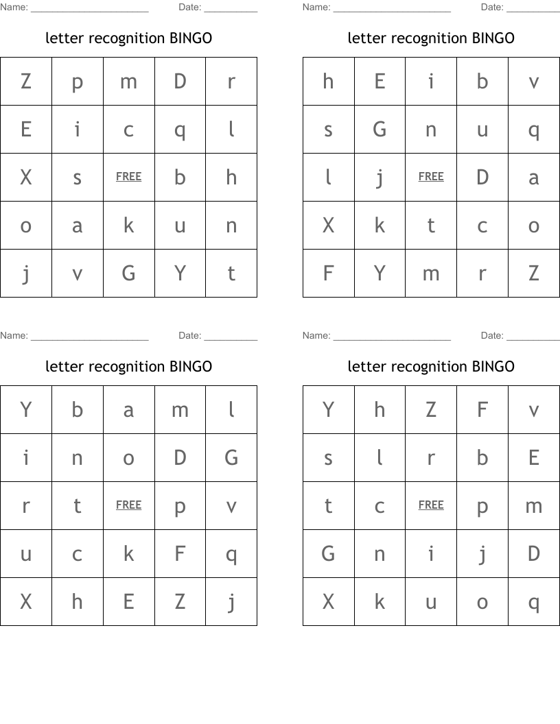letter recognition BINGO 