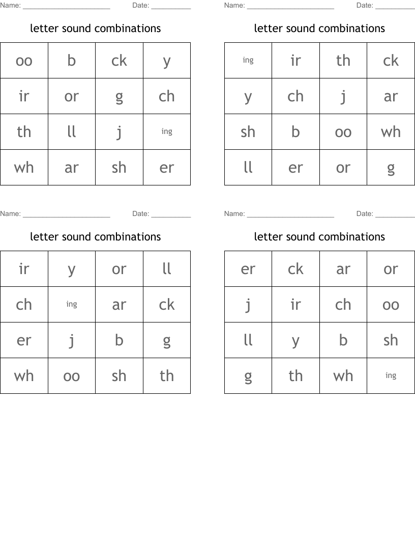 letter sound combinations Bingo Cards