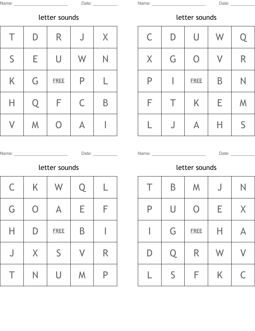 letter sounds Bingo Cards