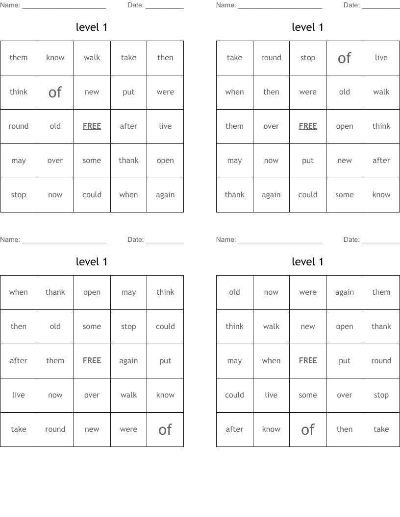level 1  Bingo Cards