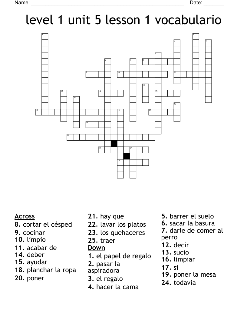 level 1 unit 5 lesson 1 vocabulario Crossword