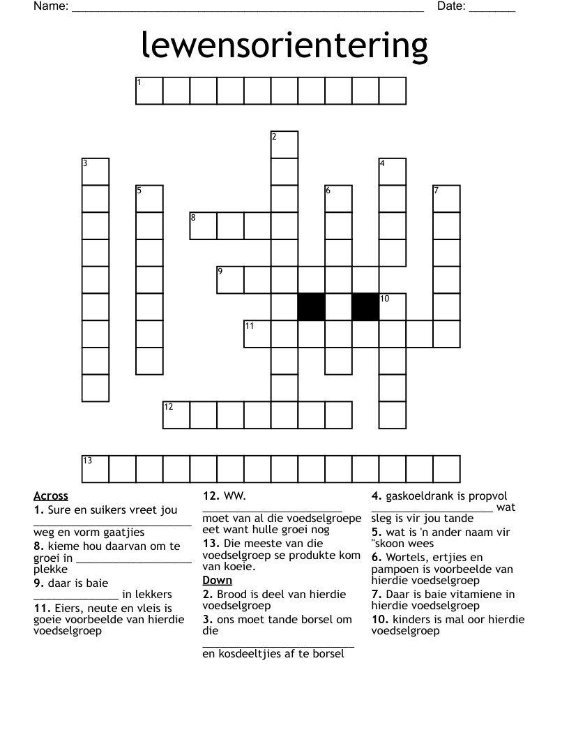 lewensorientering Crossword