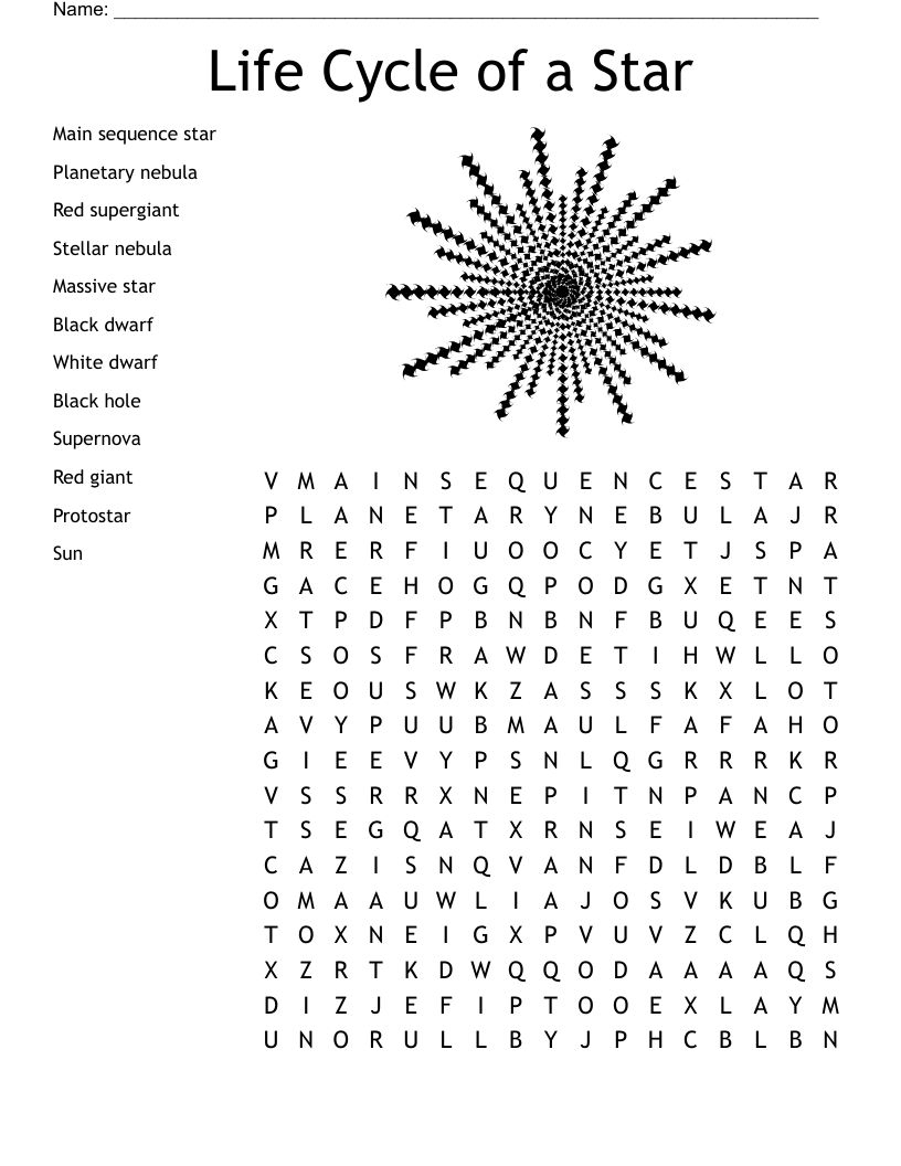 Life Cycle of a Star Word Search