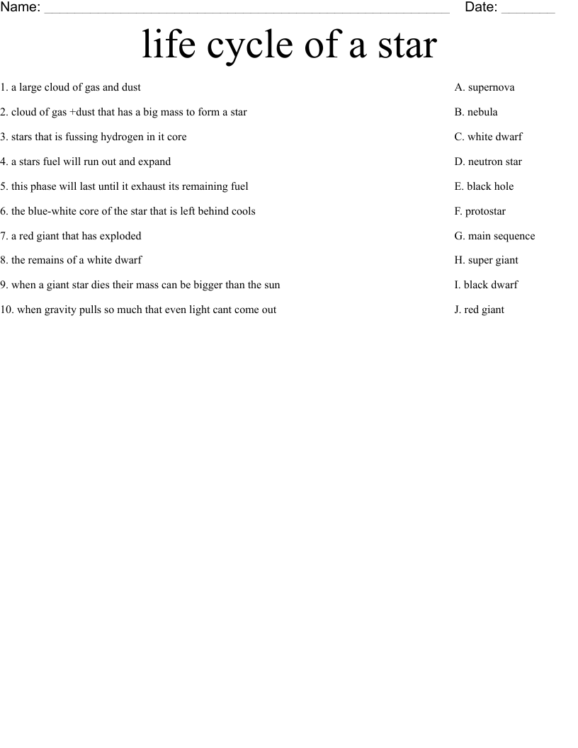 life cycle of a star  Worksheet