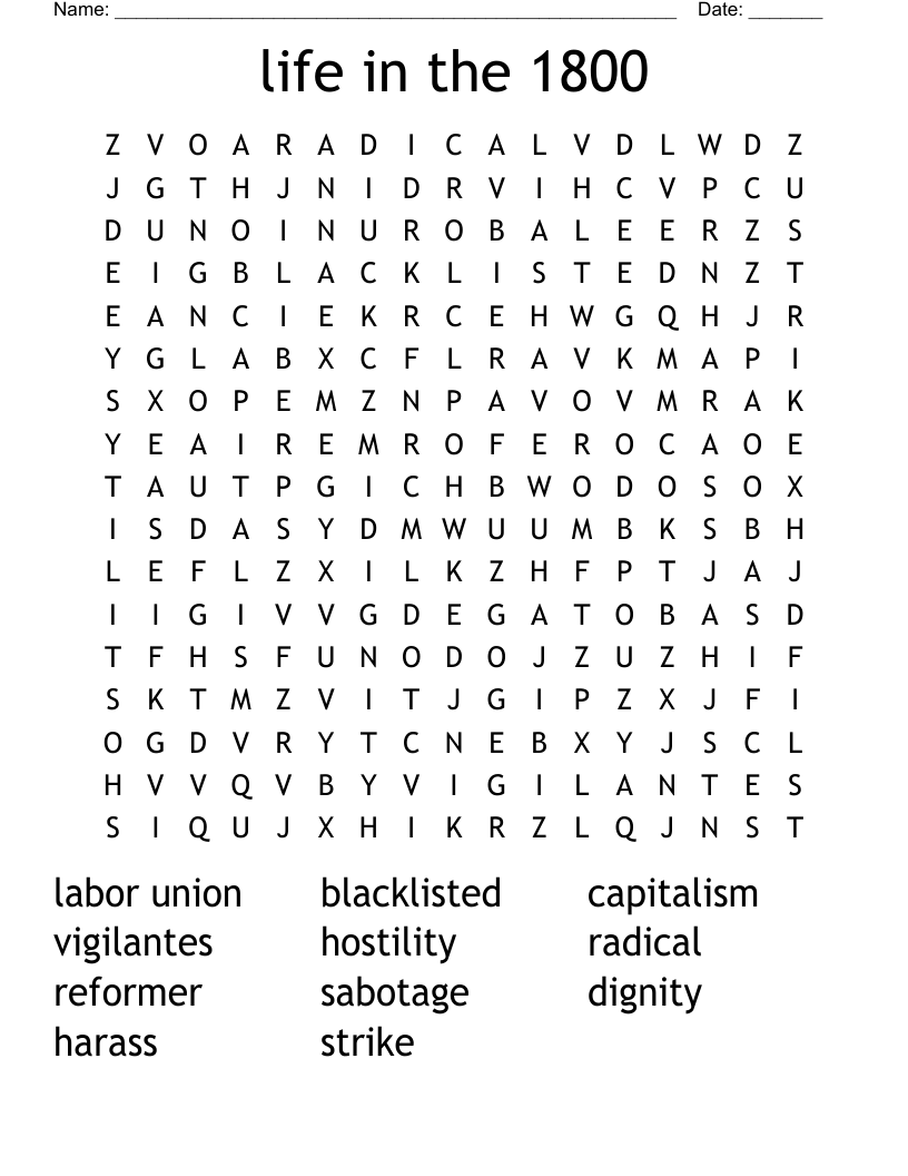 life in the 1800  Word Search
