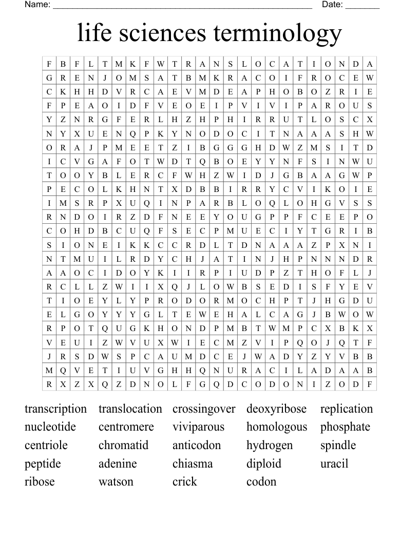 life sciences terminology Word Search