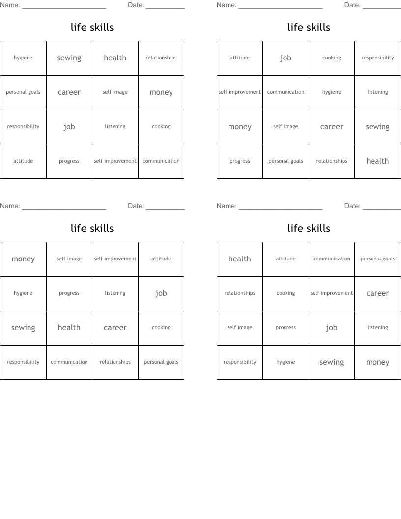 life skills Bingo Cards