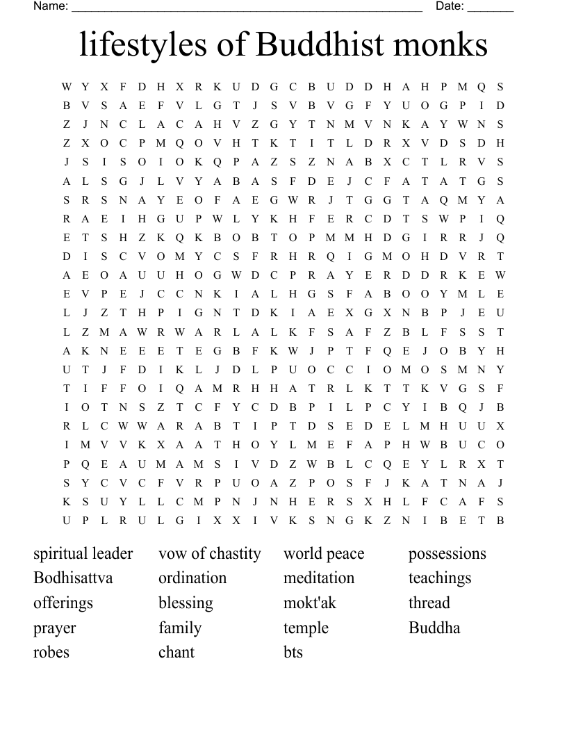 lifestyles of Buddhist monks Word Search