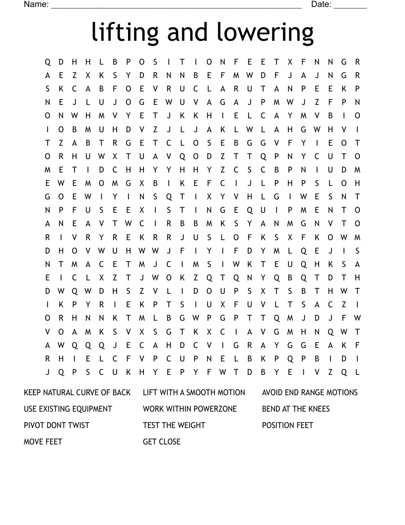 lifting and lowering Word Search