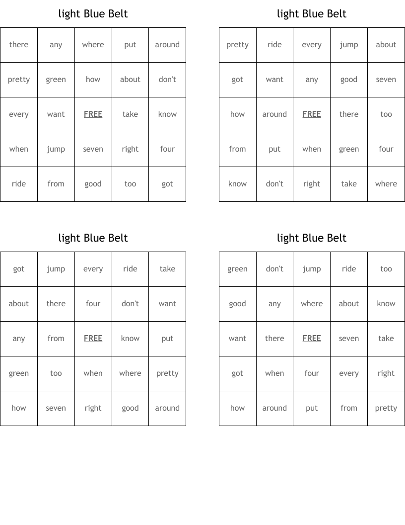 light Blue Belt Bingo Cards