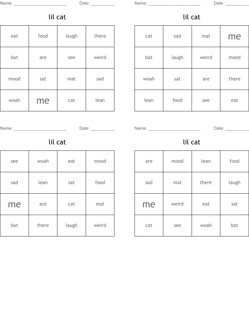 lil cat Bingo Cards