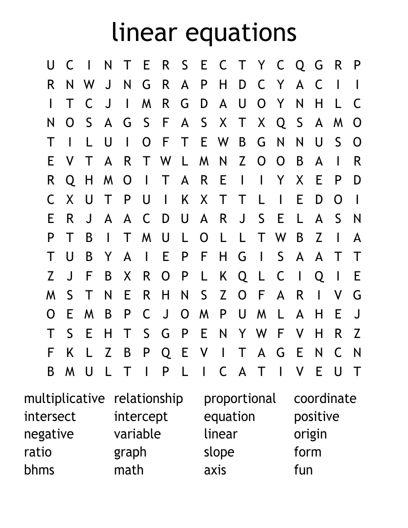 linear equations Word Search