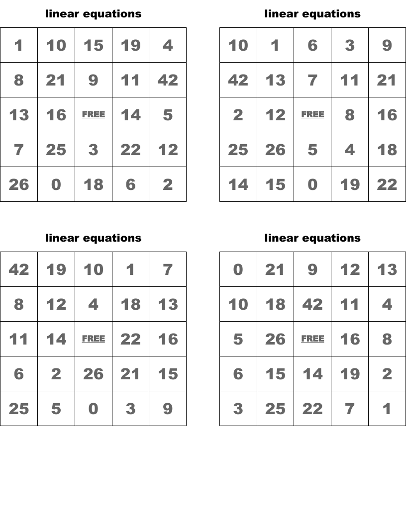 linear equations Bingo Cards