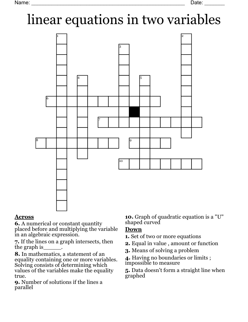 linear equations in two variables  Crossword