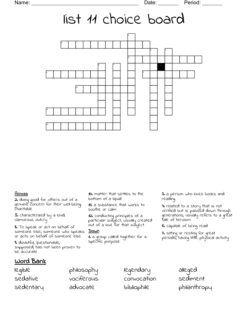 list 11 choice board Crossword