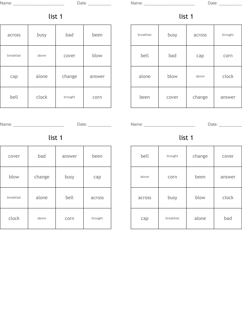 list 1 Bingo Cards