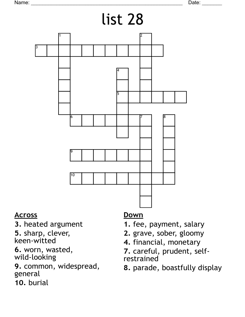 list 28  Crossword