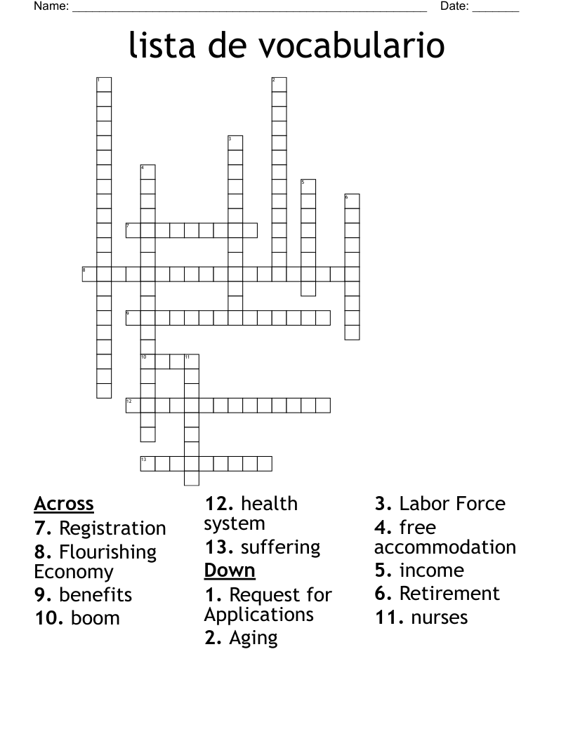 lista de vocabulario Crossword