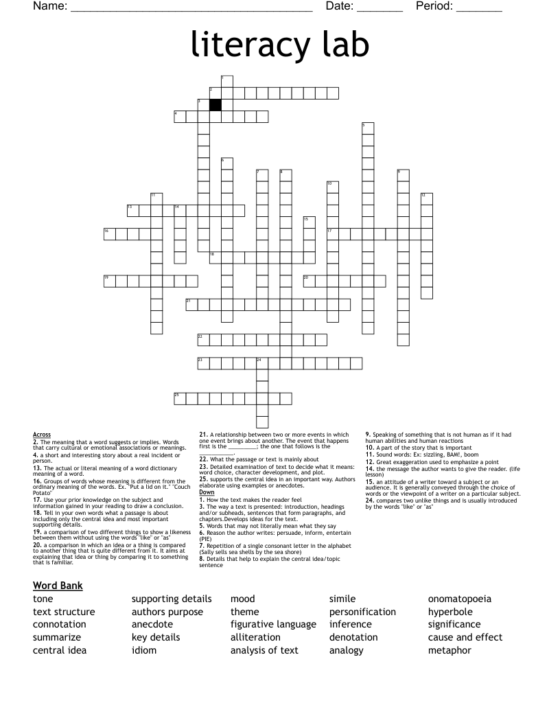 literacy lab  Crossword