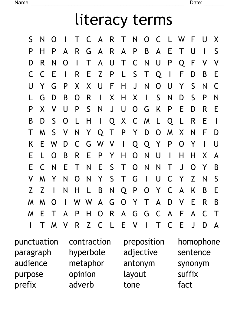 literacy terms Word Search