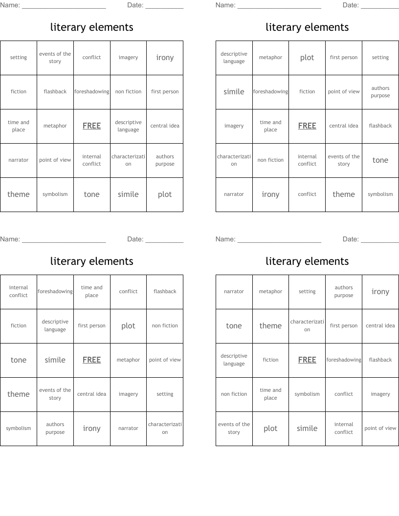 literary elements Bingo Cards