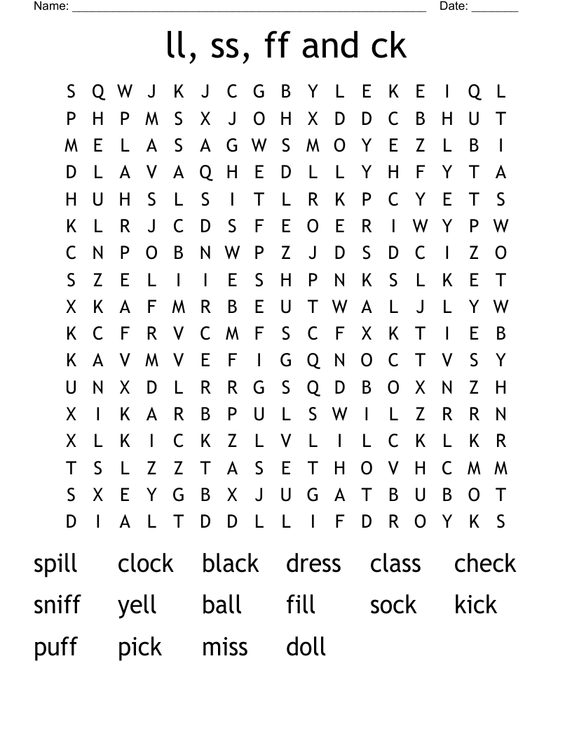 ll, ss, ff and ck Word Search