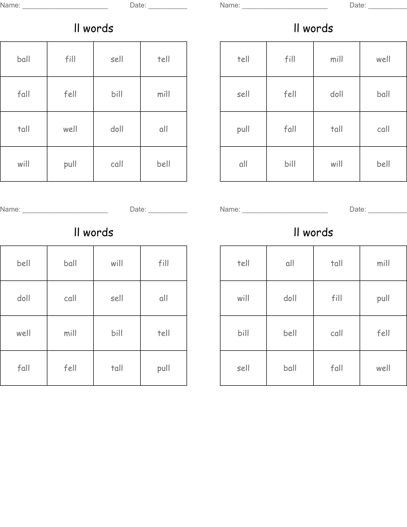 ll words Bingo Cards
