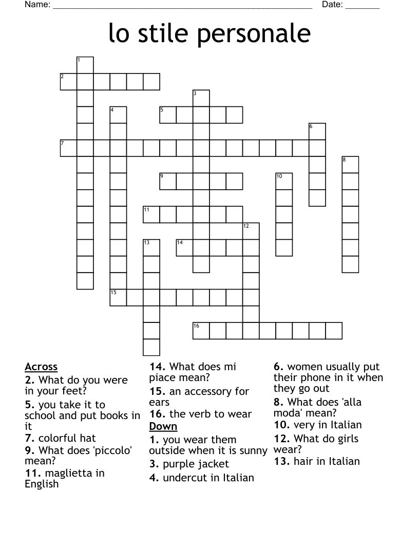 lo stile personale Crossword