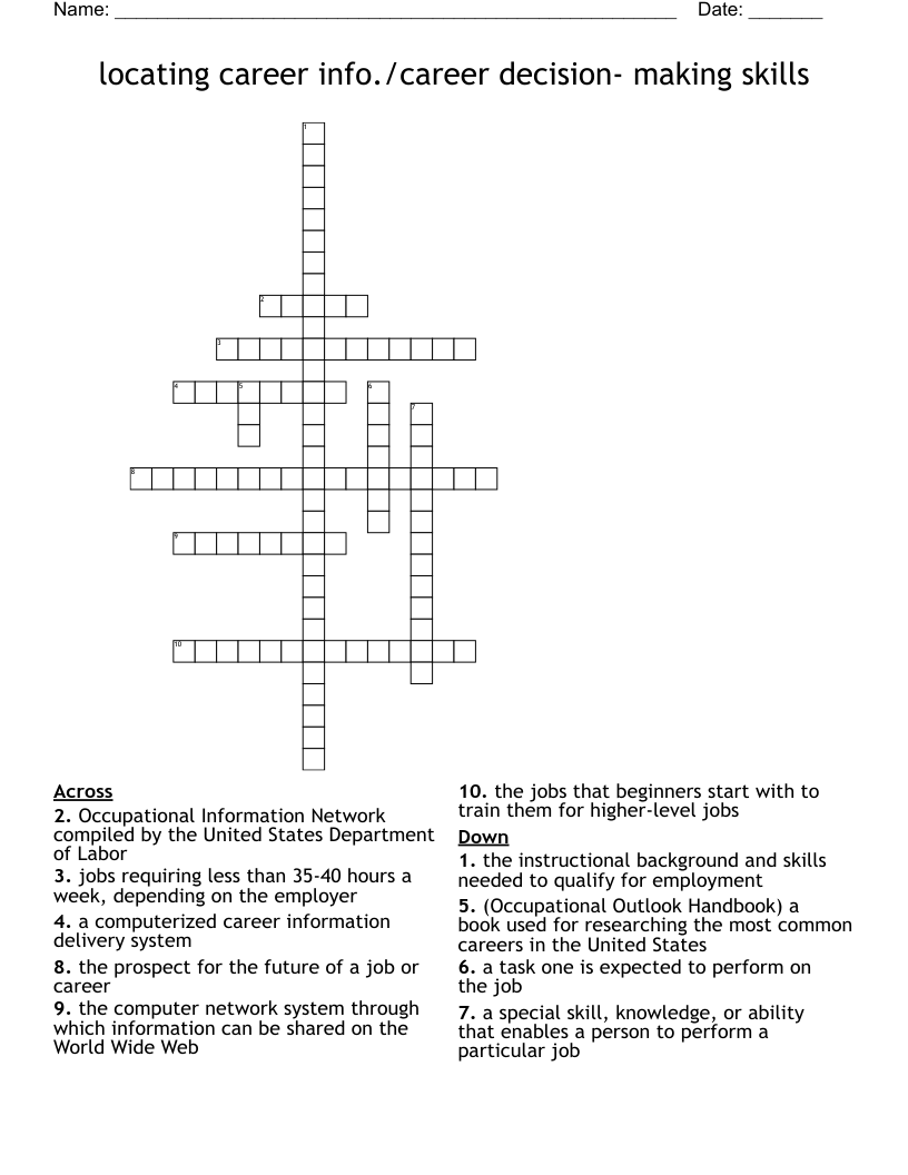 locating career info./career decision- making skills  Crossword