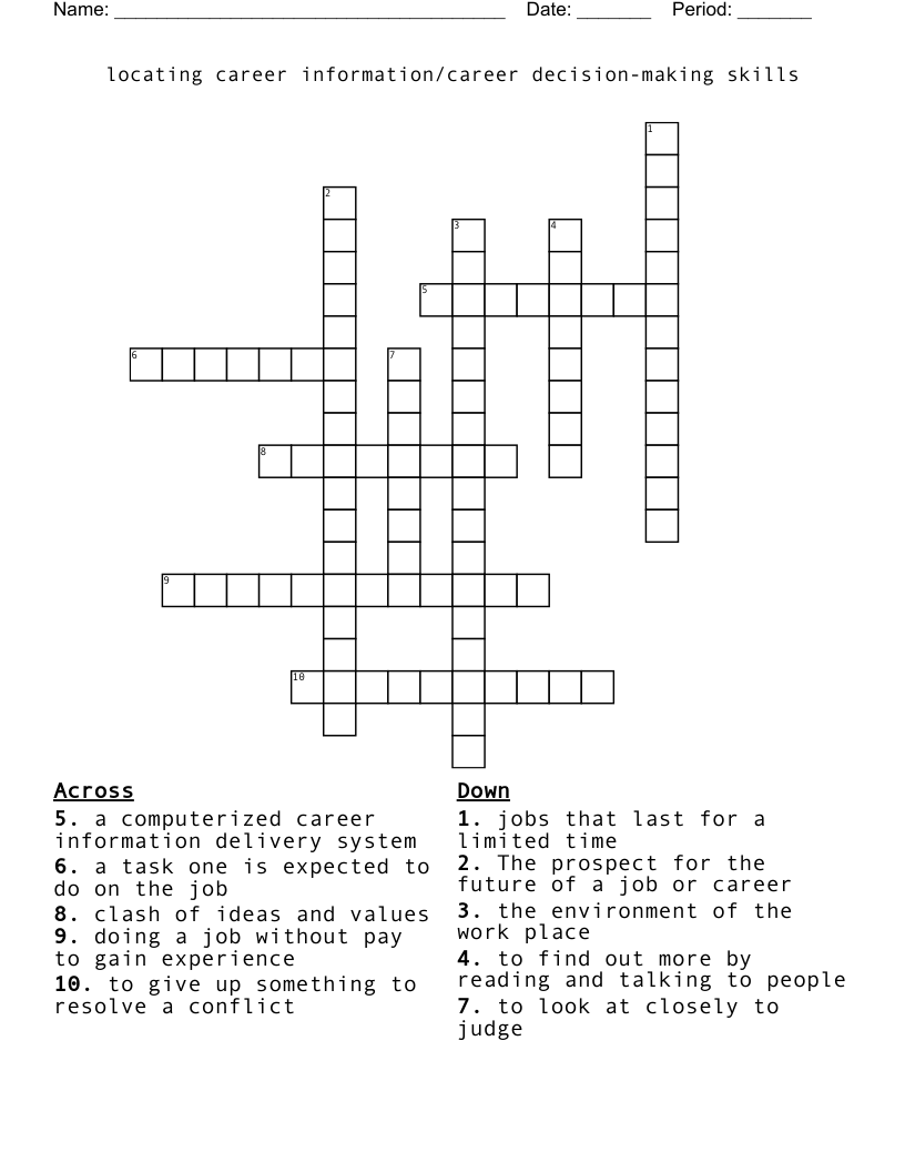 locating career information/career decision-making skills   Crossword