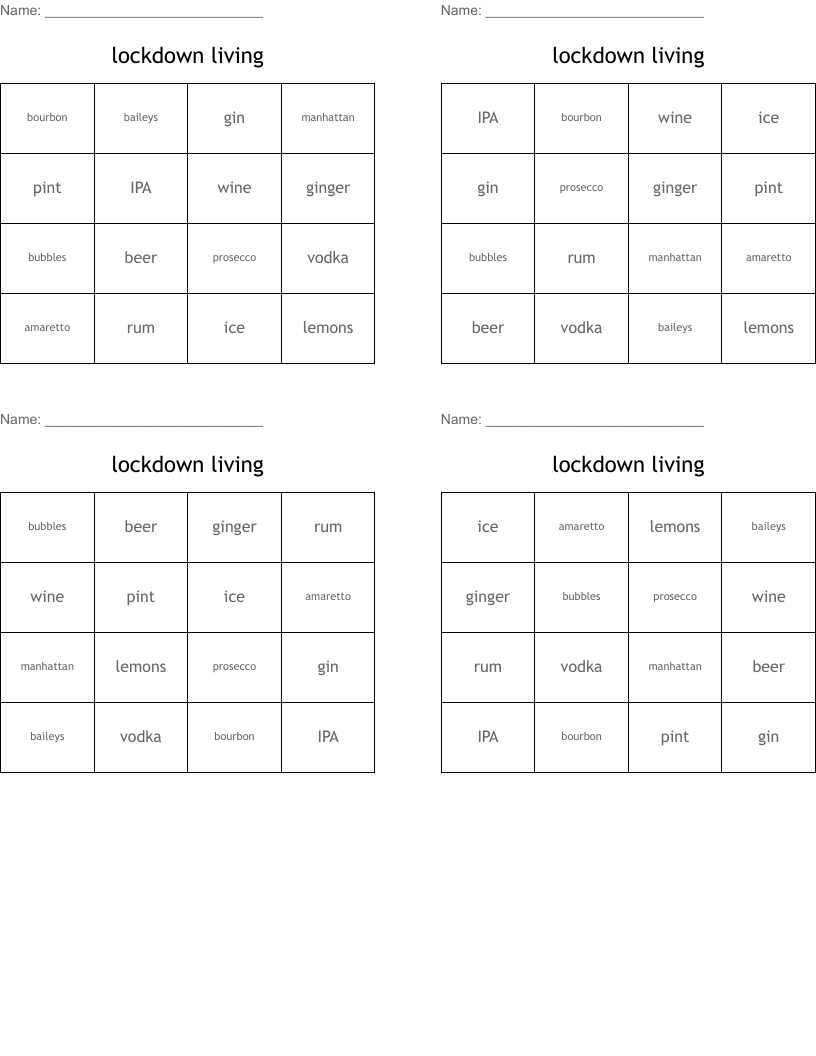lockdown living Bingo Cards