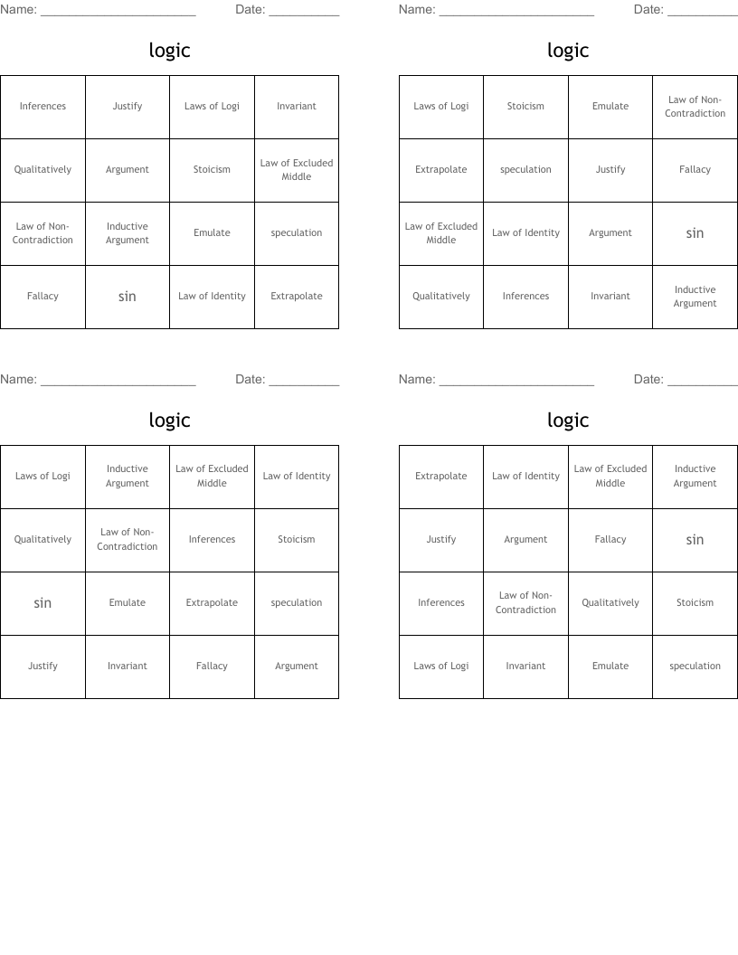 logic Bingo Cards
