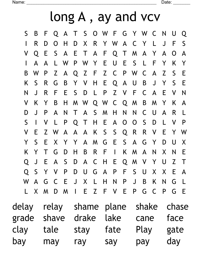 long A , ay  and vcv Word Search