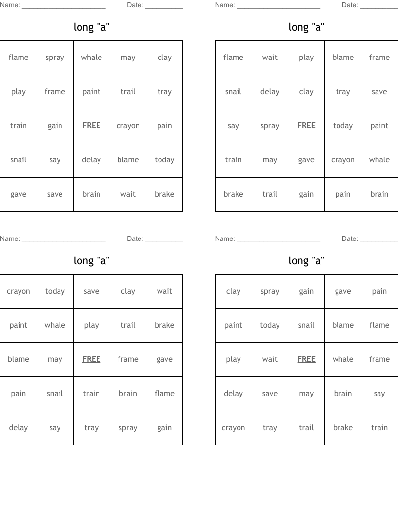 long "a" Bingo Cards