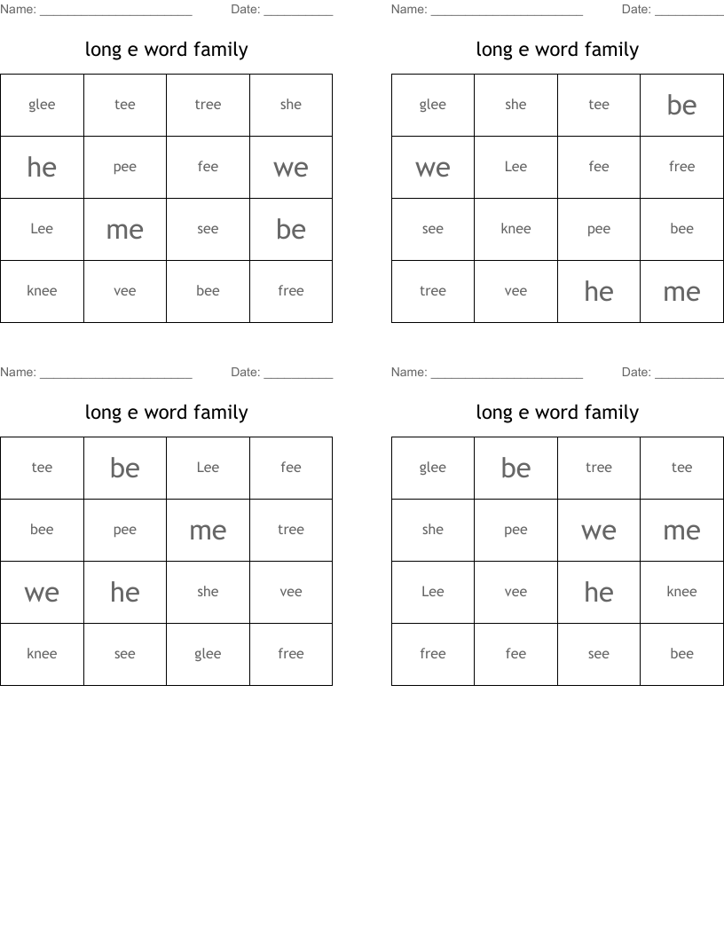 long e word family Bingo Cards
