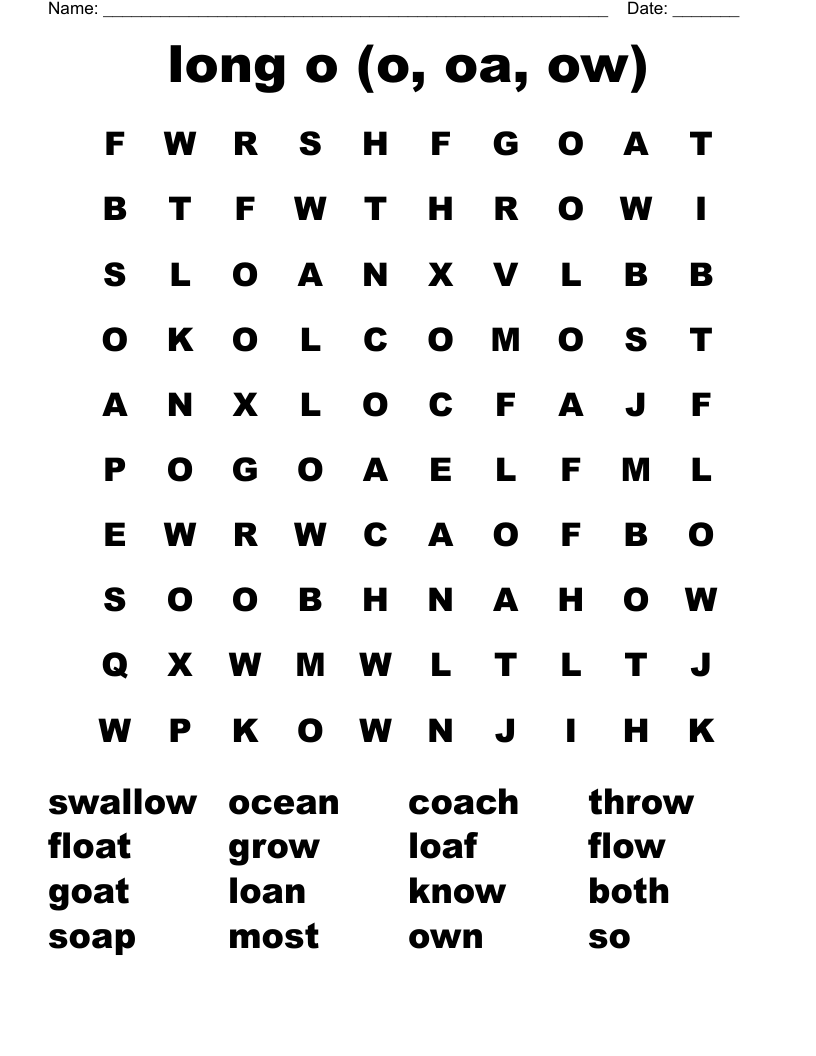 long o (o, oa, ow) Word Search