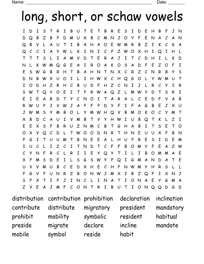 long, short, or schaw vowels Word Search