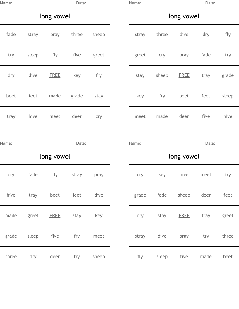 long vowel Bingo Cards