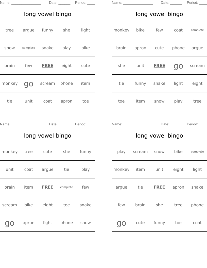 long vowel bingo