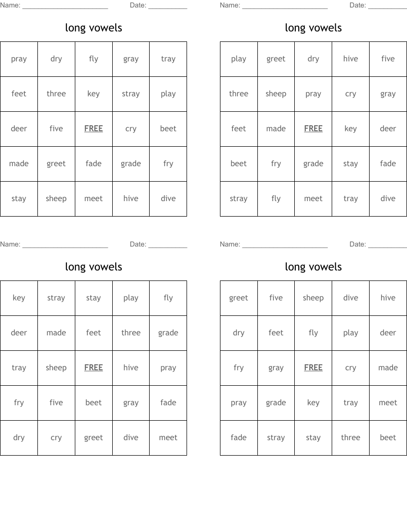 long vowels Bingo Cards