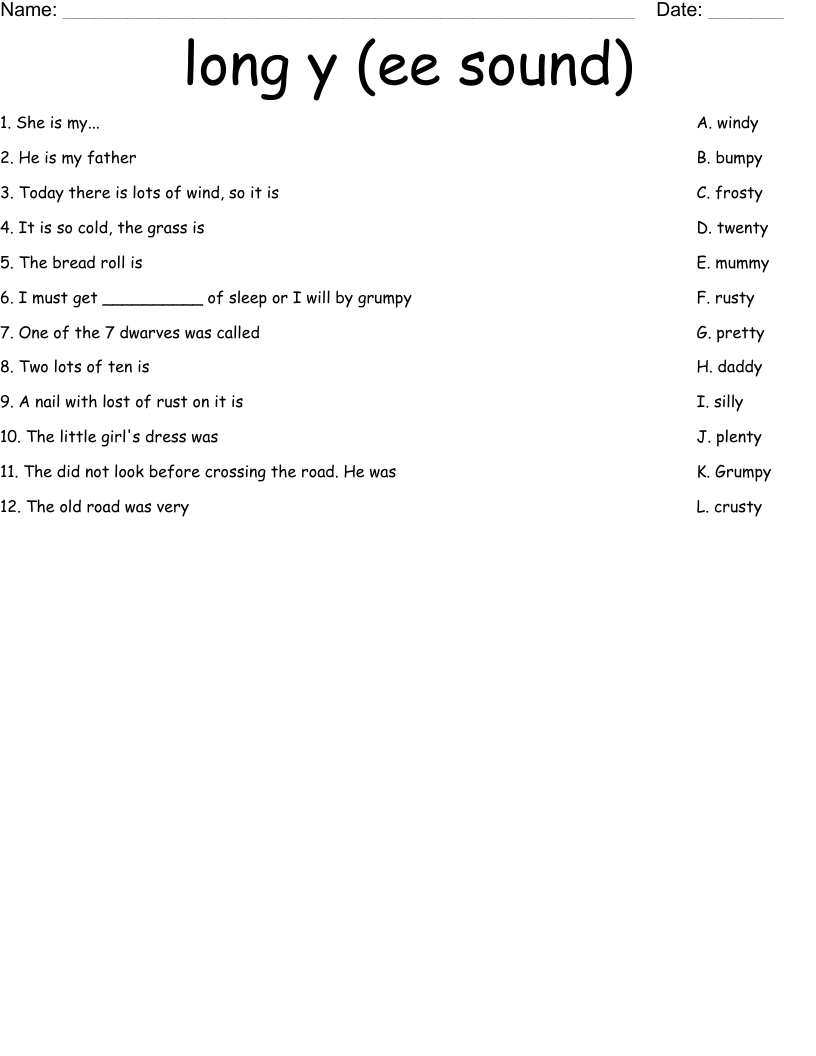 long y (ee sound) Worksheet