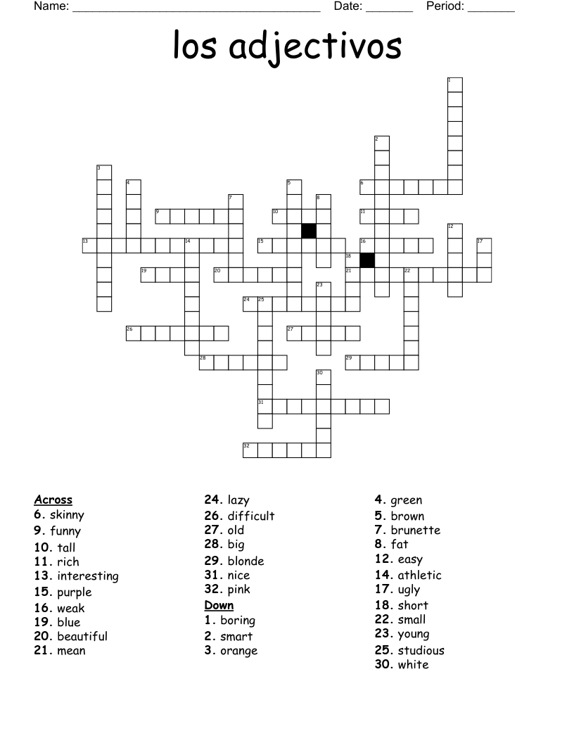 los adjectivos Crossword