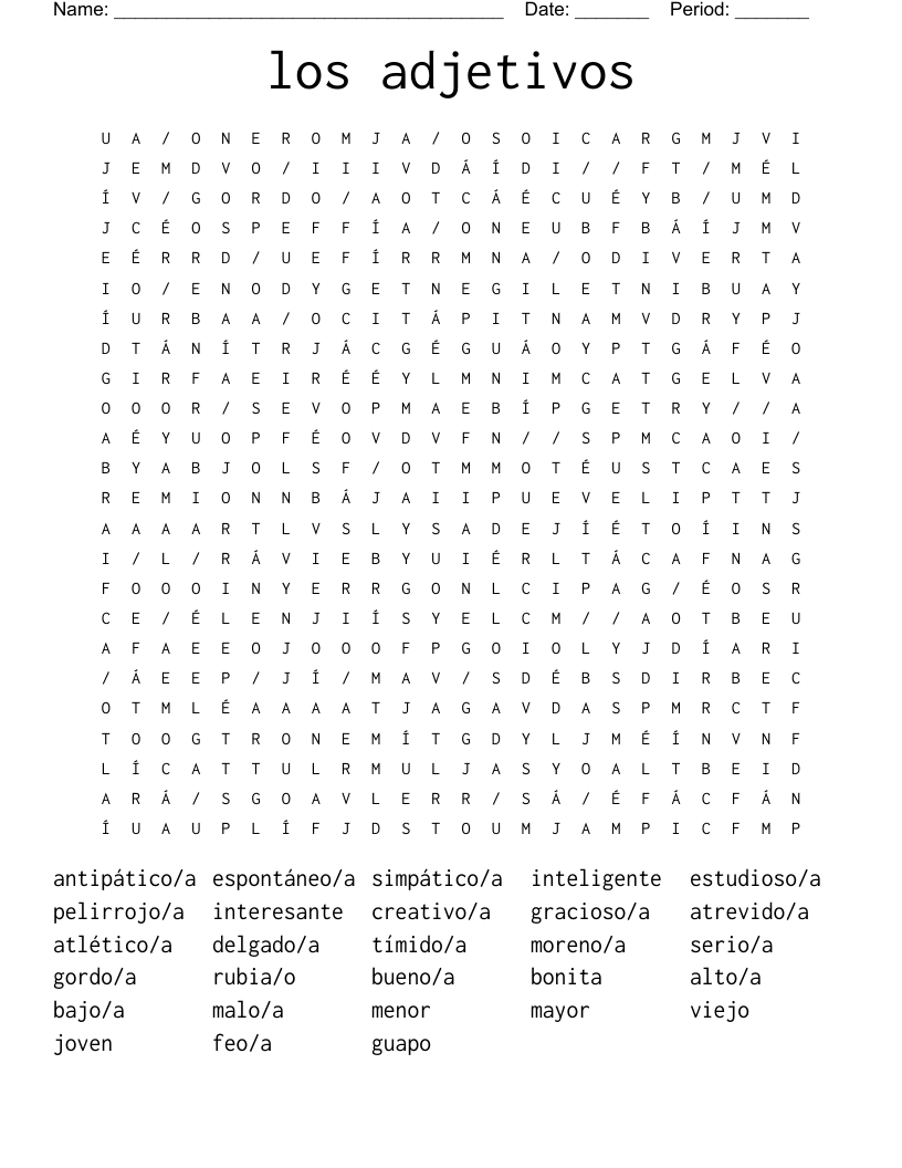 los adjetivos Word Search