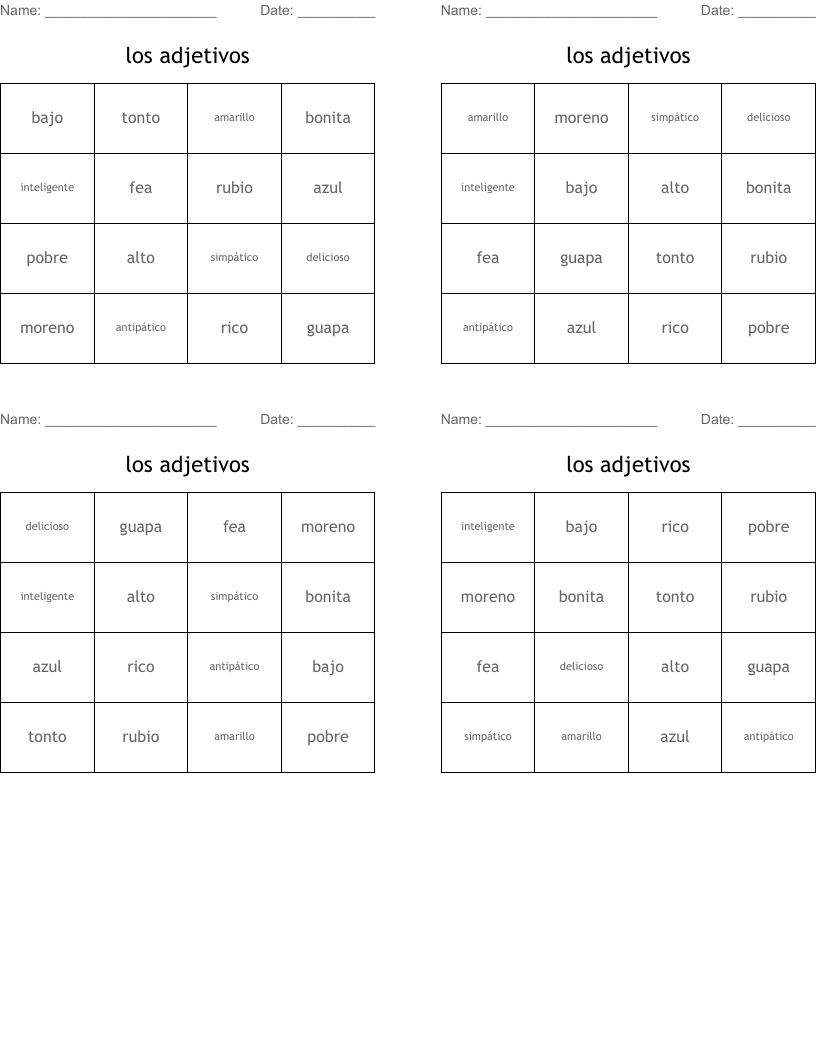 los adjetivos Bingo Cards