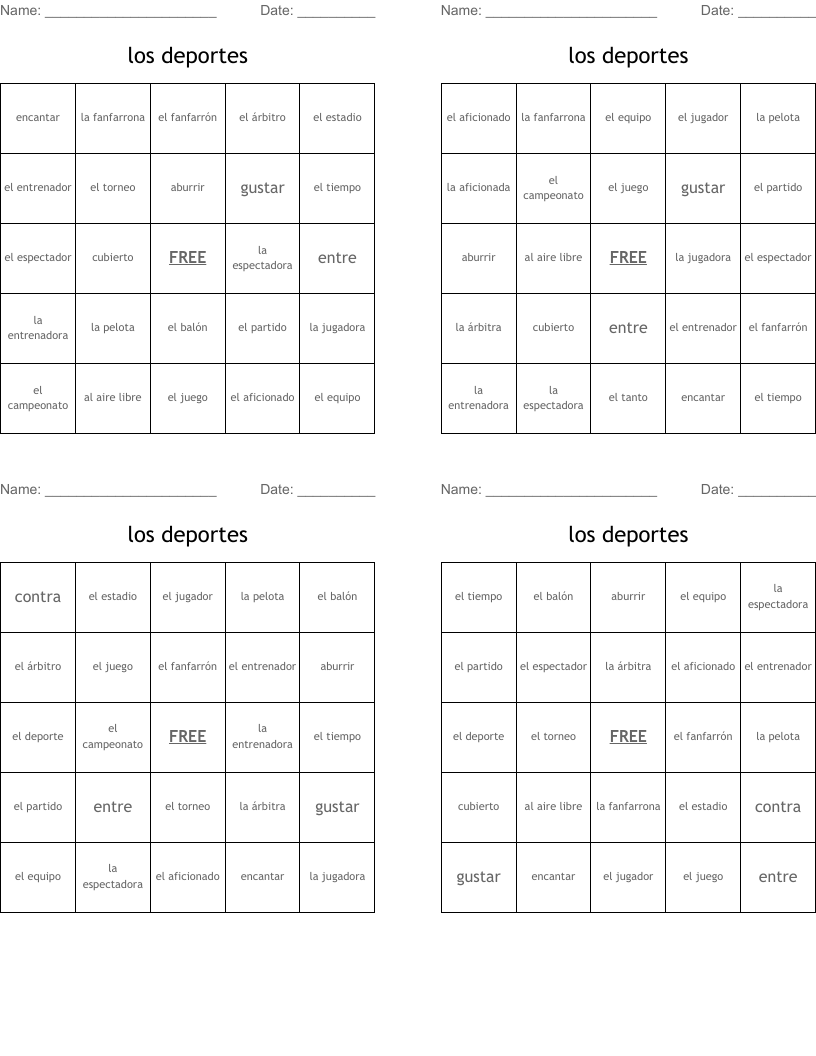 los deportes  Bingo Cards