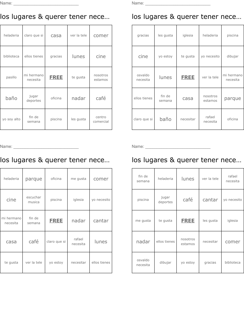 los lugares    &   querer tener necesitar Bingo Cards