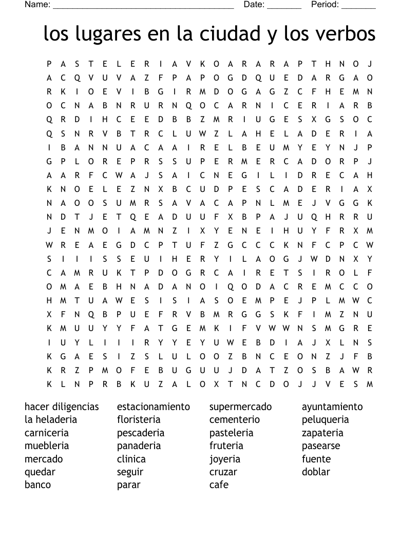 los lugares en la ciudad y los verbos Word Search