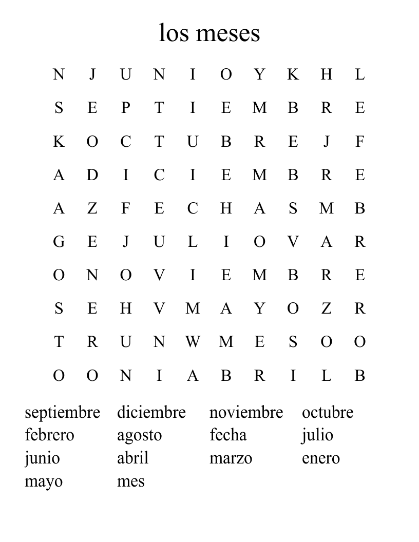 los meses Word Search