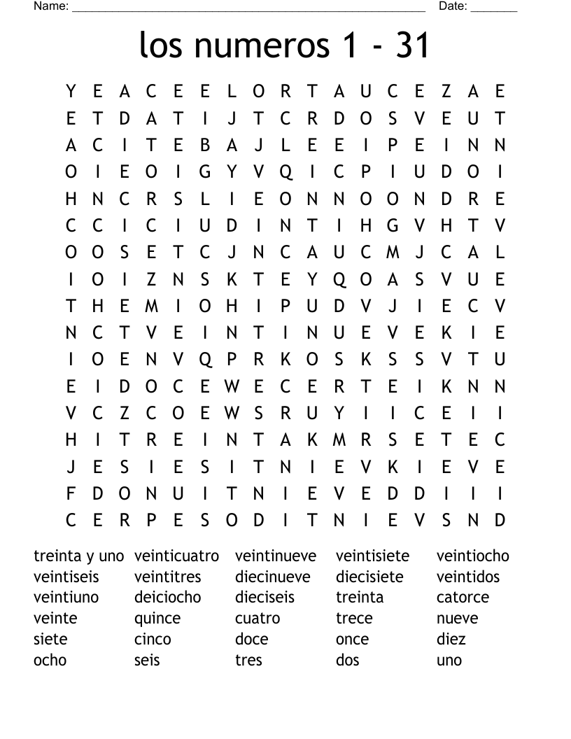 los numeros 1 - 31 Word Search